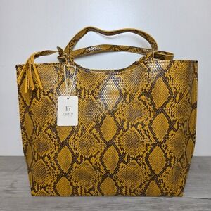 FADIVO New York Mustard Yellow Snake Print Faux Leather Structured Tote Bag NWT